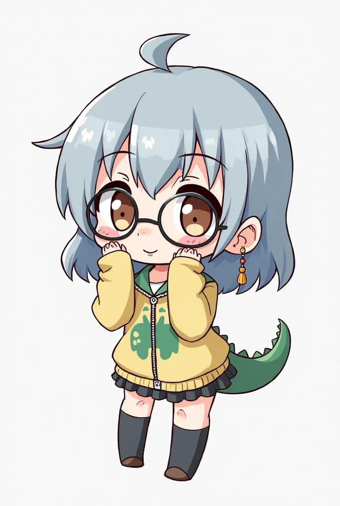 Draw me a Chibi style drawing.  Character Features : I have half-gray blue hair she wears round glasses she has a light brown eye, she wears a dinosaur blouse she has earrings on her ear and has a cute face