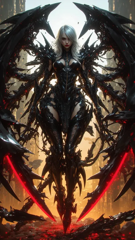 Magnificent depiction ， A silver-haired female demon hunter ， armor broken like glass ， black with wings with red edges ， The background transitions from warm red and yellow to calm blue and green。