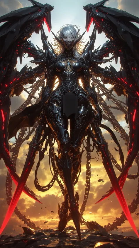 Magnificent depiction ， A silver-haired female demon hunter ， armor broken like glass ， black with wings with red edges ， The background transitions from warm red and yellow to calm blue and green。