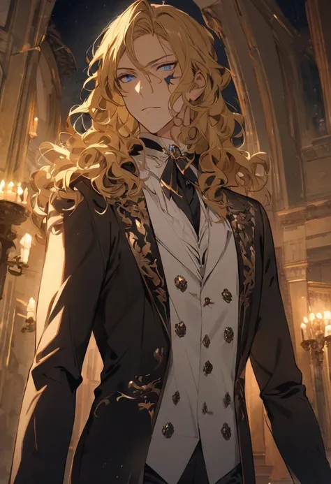 masterpiece , high resolution , man ,  male gender, Age 27 years, gold-colored hair  , sapphire eyes , very detailed face,  Attractive face ,  malicious look , gala suit , English costume , shoulder-length hair ,  wavy hair, in a mansion ,  at night .