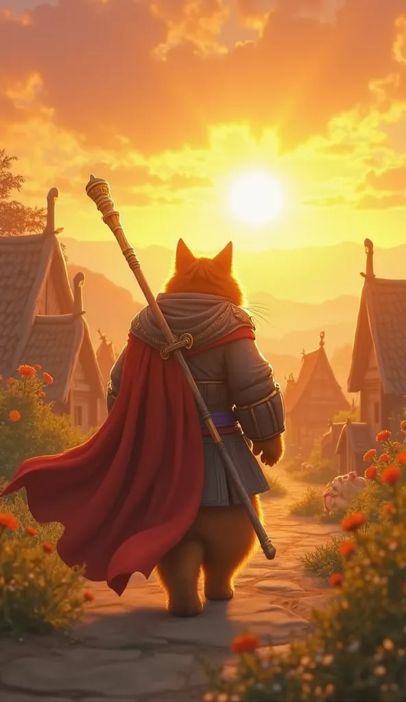 (Ultra realistic), "A fat orange cat, now a legendary hero, walks away into the sunset, his golden staff resting on his shoulders. His warrior robe flows in the wind as he disappears into the distance. In the background, villagers and animals watch with ad...