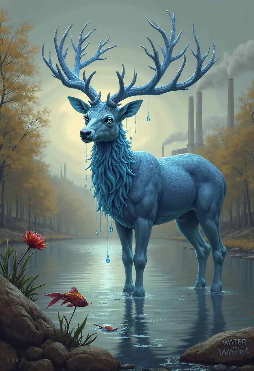 The protagonist is **water spirit** in the shape of a deer with a translucent body, consisting of pure, shimmering water. His horns resemble tree branches, from which drops are dripping, and eyes glow with a soft blue light. It stands on the bank of the ri...