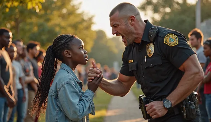 "A dramatic scene in a suburban neighborhood during the late afternoon, featuring a confrontation between a muscular white police officer with a buzz cut and a   girlBlack with braided hair. The officer, wearing a black uniform with a police badge, has an ...