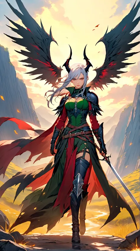 Magnificent depiction ， A silver-haired female demon hunter ， armor broken like glass ， black with wings with red edges ， The background transitions from warm red and yellow to calm blue and green。