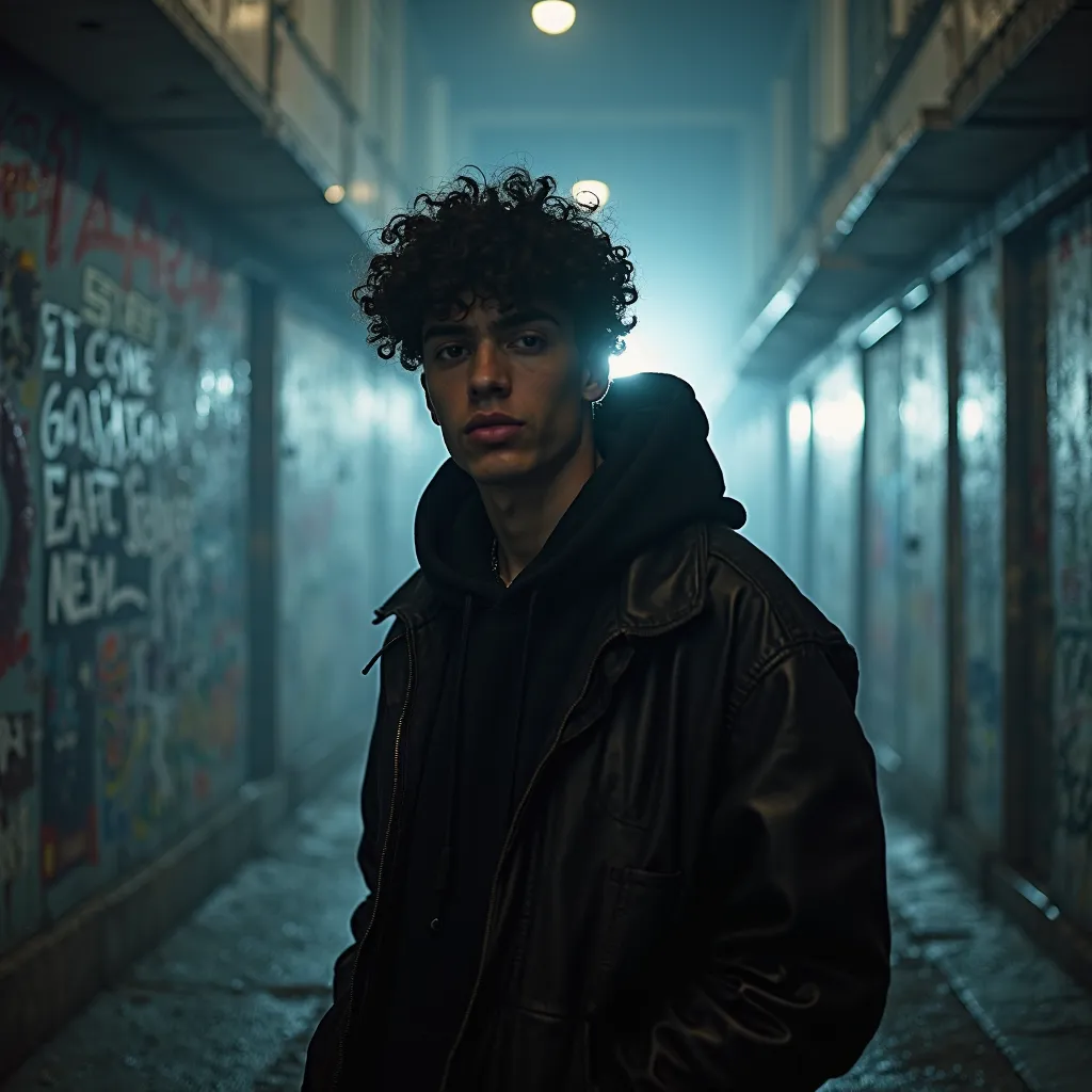 
A young man with curly black hair, wearing a black hoodie with the hood up and a black leather jacket, stands in a foggy urban alley at night. He has a confident and intense expression as he looks directly into the camera. The walls around him are covered...