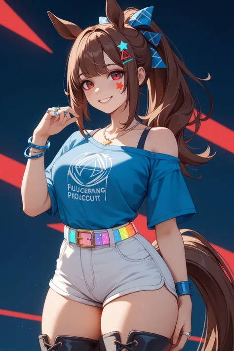 1 girl、Red dark brown hair、(blue mesh hair)、 star-shaped hairpin with bangs split to the right、 gal、 horse ears、((blue off-the-shoulder shirt))、(( White Hot Pants))、((white shorts))、square necklace、Fluorescent light blue ribbon ring on right thigh、horse ta...