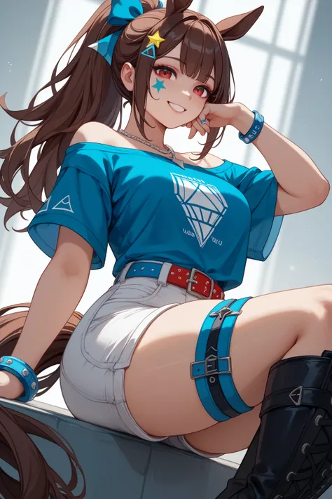 1 girl、Red dark brown hair、(blue mesh hair)、 star-shaped hairpin with bangs split to the right、 gal、 horse ears、((blue off-the-shoulder shirt))、(( White Hot Pants))、((white shorts))、square necklace、Fluorescent light blue ribbon ring on right thigh、horse ta...