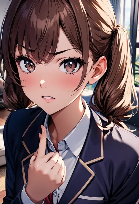 (masterpiece  ,   top quality:1.2), 1 girl, alone, Girl with expressive dark brown eyes, The right move,  beautiful hands , living room,   female college student,  brown hair twin tails, (((perfect face))), blazer uniform, get angry, ((( points to viewers)...