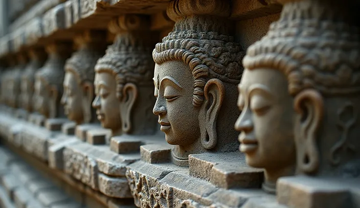  A highly detailed close-up of ancient Thai temple carvings. The image highlights the intricate patterns, weathered stone textures, and soft lighting that brings out the depth of cultural heritage and artistry.