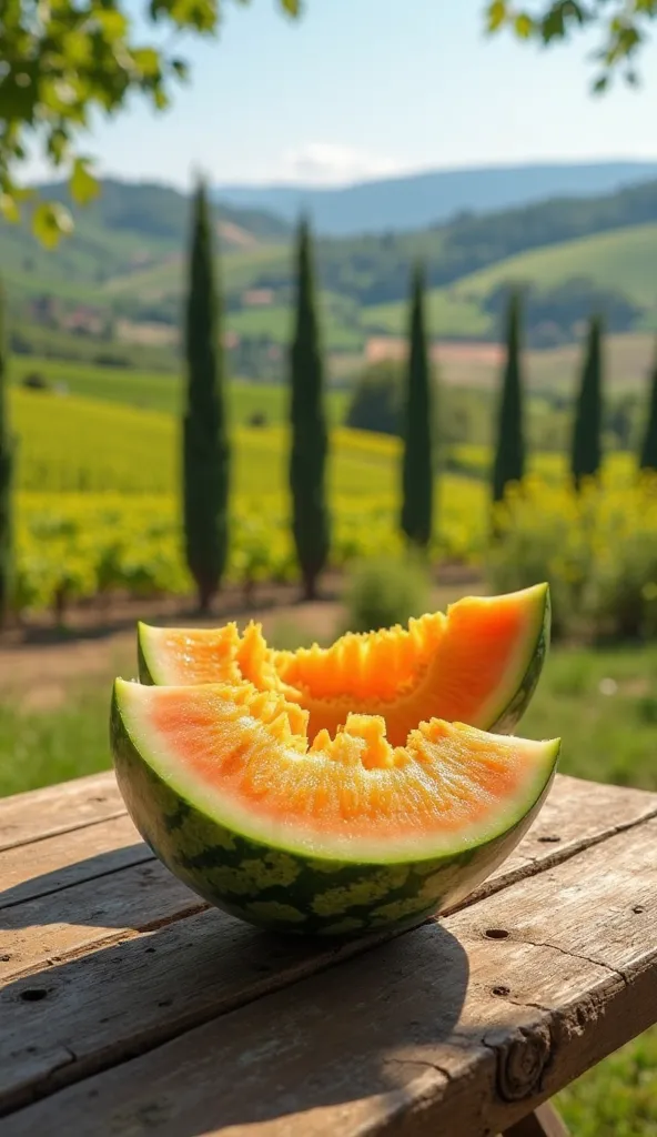 A vibrant yellow watermelon, sliced open to reveal juicy golden flesh, resting on a rustic wooden picnic table in a sun-drenched Tuscan vineyard. Rolling green hills and cypress trees in the background. Photorealistic, 8k, ultra-detailed, natural lighting.