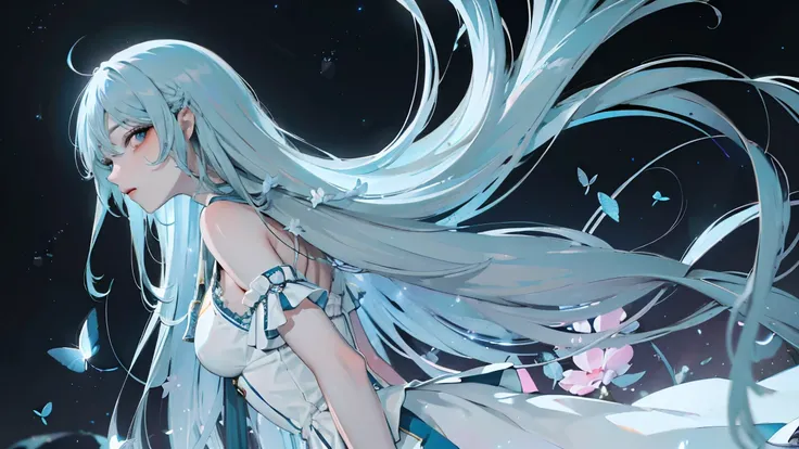 ( masterpiece),(4K Anime),high quality,1 girl,((    Light Blue Long Hair    )),  blue eyes,White Clothes with Blue Decorations , lots of white fluorescent butterflies々 , Night Sky,    high fantasy  ,  Anime Art Wallpaper 4K,   Beautiful Anime Art  work,   ...