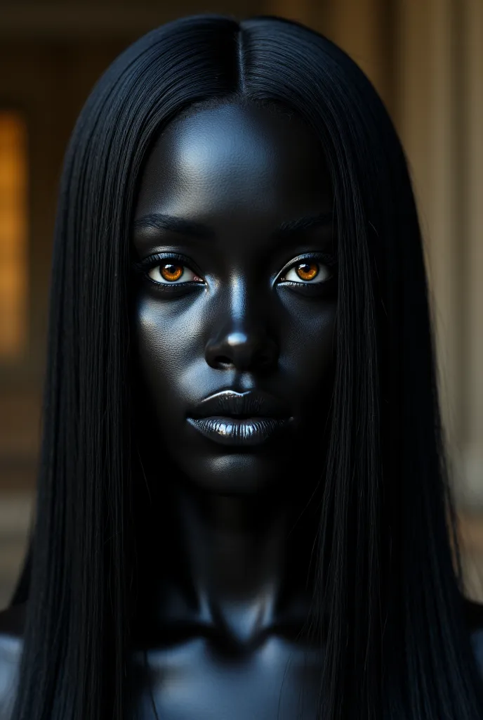 An incredibly stunning and divine goddess of darkness, her skin as black as the deepest void of space, flawless and radiant, absorbing all light around her, giving her an ethereal, otherworldly presence. Her eyes are a mesmerizing, deep golden hue, glowing...