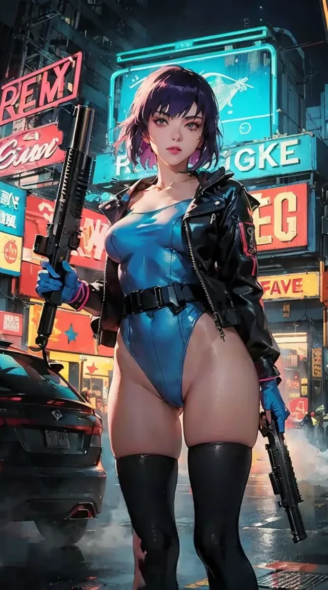 1girl, kusanagi motoko, ghost in the shell,

short hair, purple hair, purple eyes, pink lips, leotard, grey leotard, off-shoulder leotard, collarbone, skin tight, black jacket, open jacket, sleeve rolled up, grey thighhighs, fingerless gloves, white belt, ...