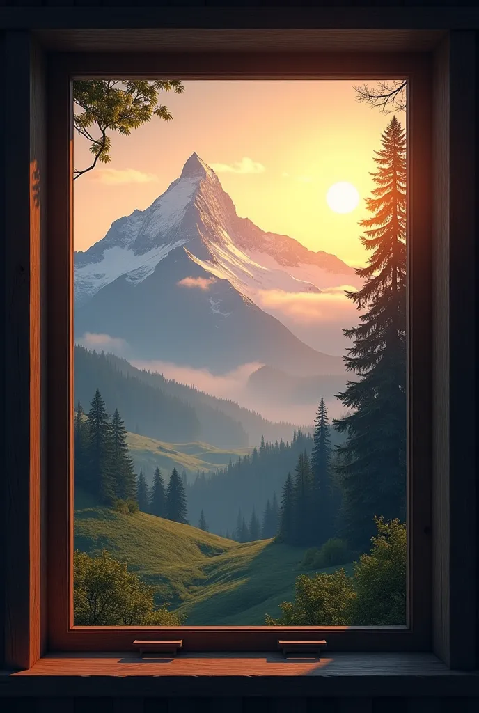 A photo of a window with a mountain in the background while the sun is rising