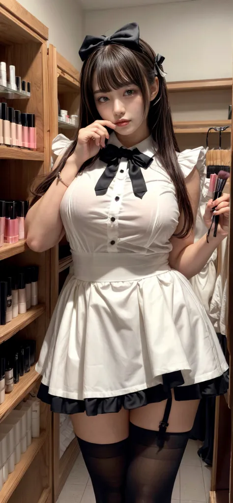 masterpiece,  top quality ,  illustrations,  super detailed ,  Details,  high res, 8k,wallpaper,  perfect dynamic configuration,(Detailed and high quality,  realistic depiction of eyes kissed in the changing room:1.3),  standing, (curvy), (bow ribbon, Maid...