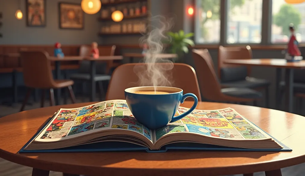  View of a steaming cup of coffee on a table with open comics in a Marvel and DC comic themed coffee shop, with minimalist style.