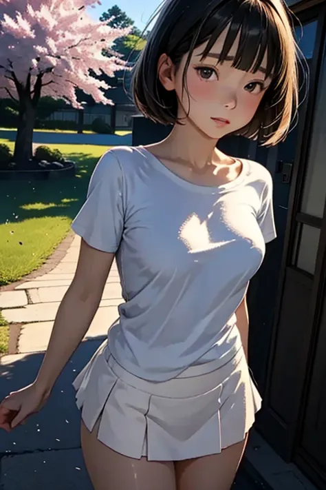 8k,masterpiece, Japanese,Perfect human anatomy,  girl,from before, innocent face, gentle eyes,ish, t-shirts,Short sleeve,short skirt, semi-long,noon, bright,Cherry Tree,Skirt that flutters in the wind,nsfw1.9,