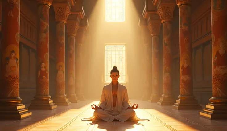  A super realistic scene set inside the temple where วร is meditating. Light beams stream through traditional windows, illuminating detailed frescoes and carved pillars, creating a calm and reflective atmosphere.