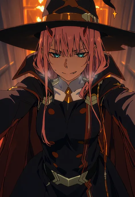 Zero two from the anime Darling in the Franxx with very big boobs and wearing a sexy witch outfit with a big hat and fiddling in a cauldron and looking like a naughty face and sweating because of the heat and with the heavy breathing