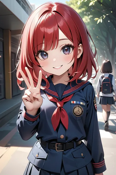 Top quality, masterpiece, Kyrie Lightmash, alone, one girl, black eyes, (wearing a navy blue uniform), (wearing a red ribbon around her neck), (chibi: 0.6), bright red hair, cute, arriving at school (facing forward, smiling and making a peace sign)