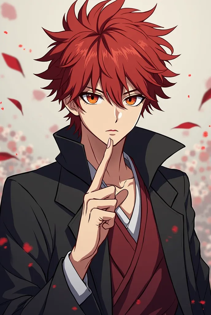 anime character with red hair pointing at something with a finger, a picture inspired by Itō Ogura Yonesuke, tumblr, shin hanga, shuushuu anime image, ichigo kurosaki, portrait of hisoka hunter hunter, kimetsu no yaiba, tanjiro kamado, handsome guy in demo...