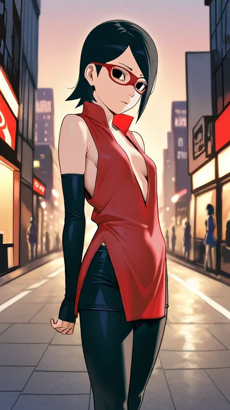 ( Sarada Uchiha)  sexy body, black hair,  sexy body, medium tits, empty street, RED NECKLINE, small pants.