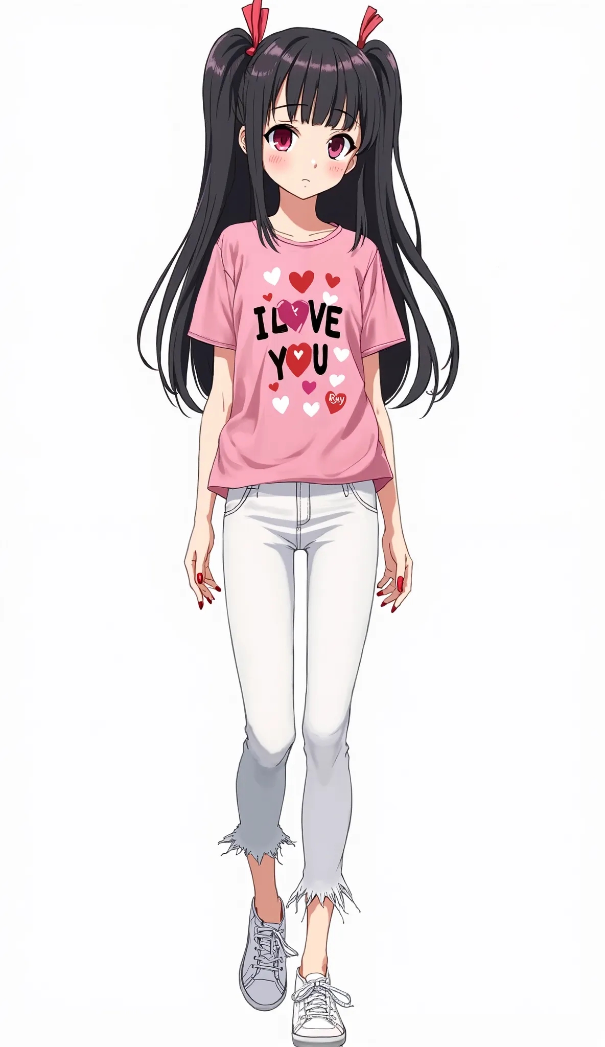 Japanese anime adolescent woman with long straight black hair with two pigtails and short locks and intense magenta eyes and red nails and wears a pink t-shirt with hearts with black text "I LOVE YOU" short sleeves and white denim jeans and white shoes wit...