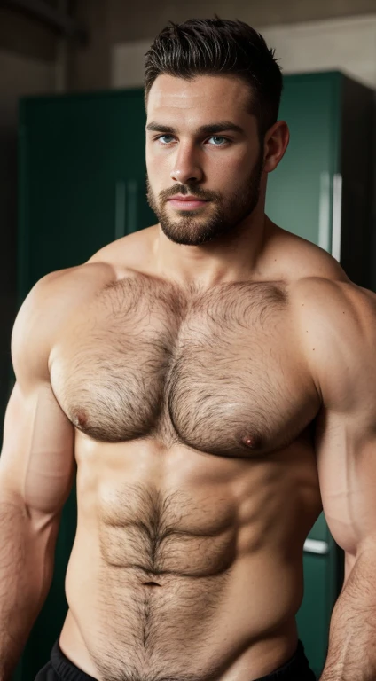 white  , Rugby player, extremely short black hair fixed green eyes, affiliated features, with little facial hair, Height 1.93, I weigh 70 kilos, aesthetic muscular constitution, wide shoulders, V-shaped body, Full body approach, Thick hair on the chest, un...