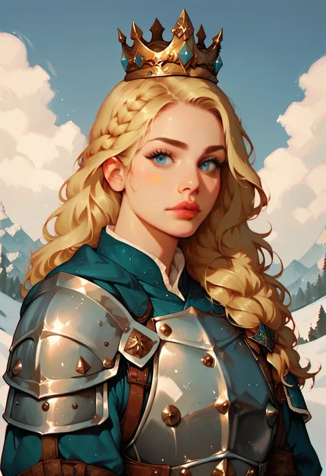 a blonde blue-eyed woman in medieval armor with a crown set against a snowy mountain landscape, upper body,, a digital illustration in the commix style  commix