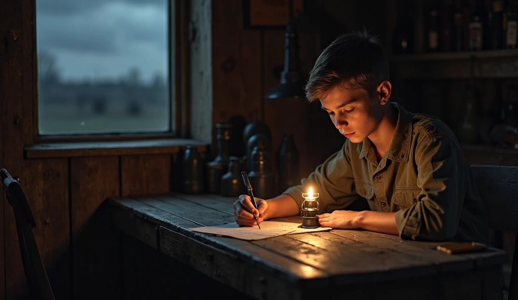 A young American soldier, around 20 years old, with short brown hair, blue eyes, and a lean build, sits at a wooden table inside a dimly lit barracks. He is writing a heartfelt letter with a solemn expression, his hands slightly trembling. The soft glow of...