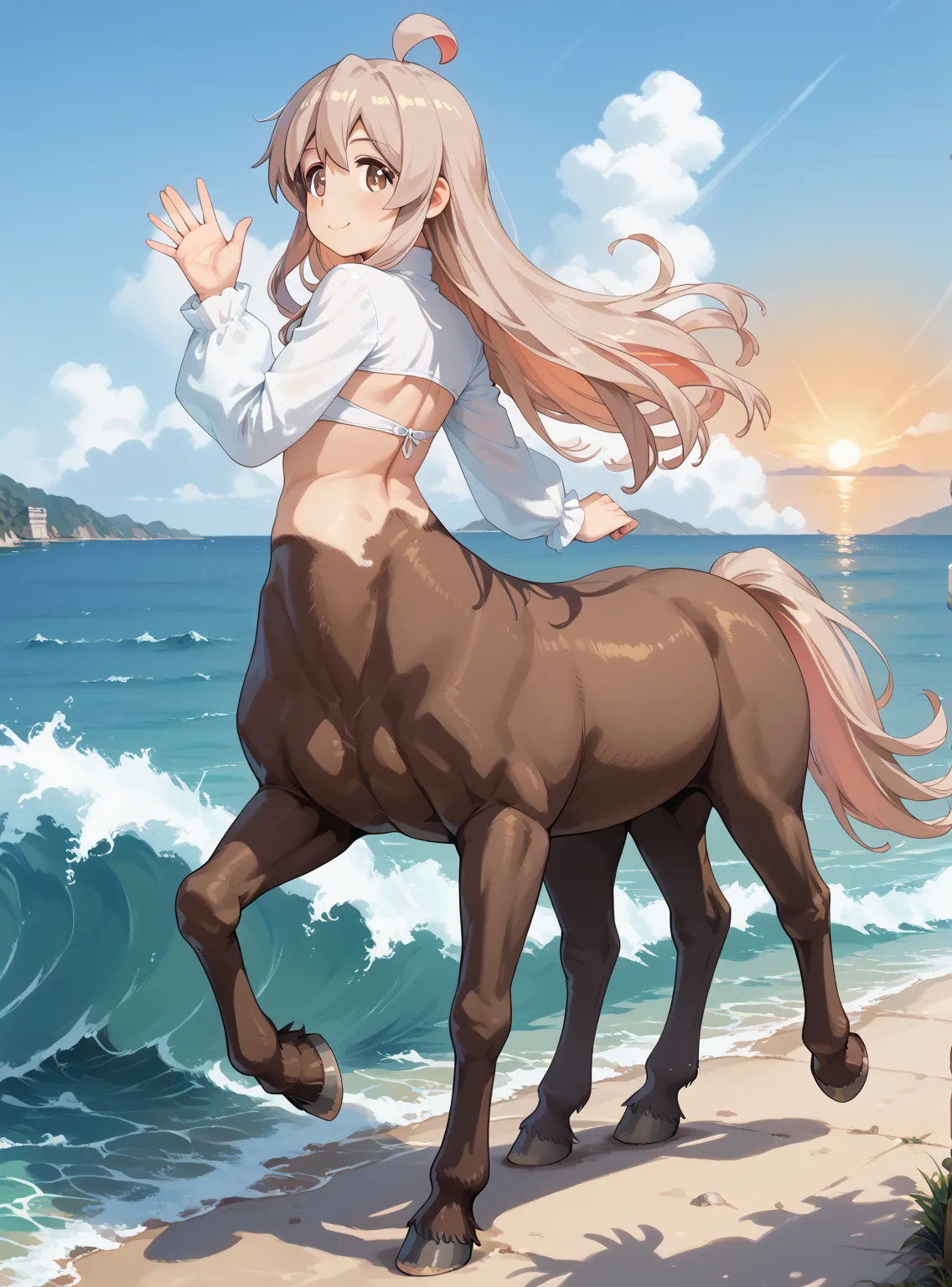 score_9, score_8_up, score_7_up, score_6_up, score_5_up, score_4_up, nude,centaur, horse legs, human torso, taur, animal ears, shrug \(clothing\), 
mahiro-default,oyama mahiro,brown eyes,long hair,ahoge,(light smile, looking back at viewer, waving, )
Sprin...