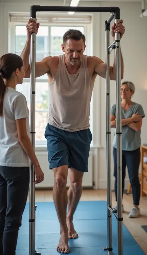 A determined man,  now more confident , to strive for a physical therapy session. He holds parallel bars and tries to take a step with great concentration. A physical therapist encourages him, while his wife and ren watch with hope in their eyes.
