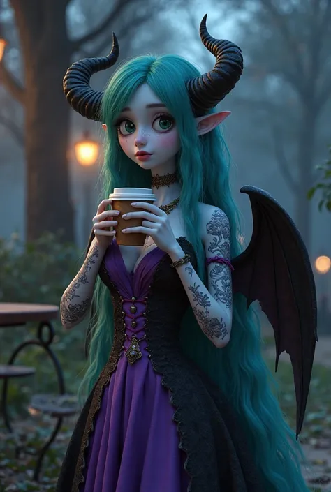 Create a Pixar character, a beautiful demon girl with horns and black wings with long turquoise hair, white skin with tattoos and lenses, wearing a long gothic purple and black dress while drinking coffee in a park at night. 