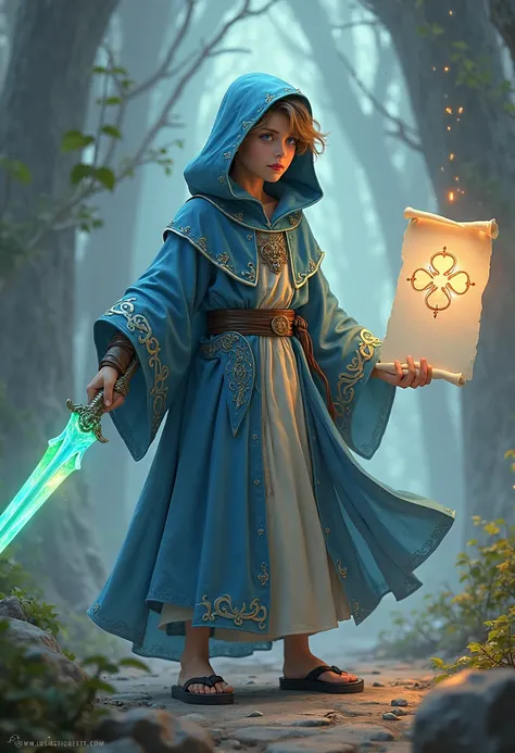 A young Wizard. With a blue hobe, gold and white.  blue eyes. With a dagger in each hand. The daggers are blue and light green. Her sandals are black. It has a white paper flying on the left side of its body, the book has a clover of 3 leaves drawn on it. ...