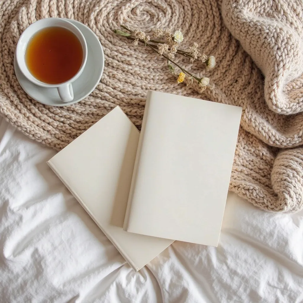 A top-down shot of two books on soft, textured bedding or a woven mat. The neutral-toned cover contrasts beautifully with a cozy blanket and subtle accents like dried flowers or a cup of tea, creating a serene and inviting vibe perfect for Instagram.