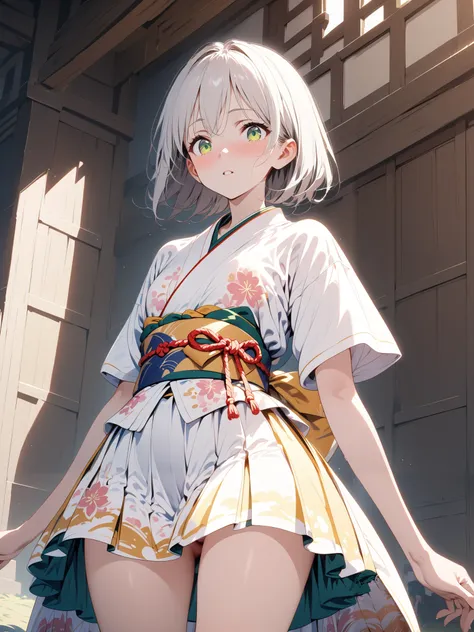 Wa Lolita, kimono skirt, furisode sleeves, medium silver hair, Slender  girl with green eyes, Alone,  is a Japanese castle ,  alert ,  knee shot, corruption, Short sleeve, miniskirt, NSFW,