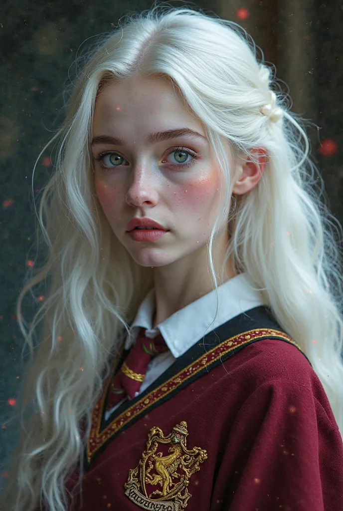 A young women with pale skin white hair with magenta eyes in a Gryffindor uniform