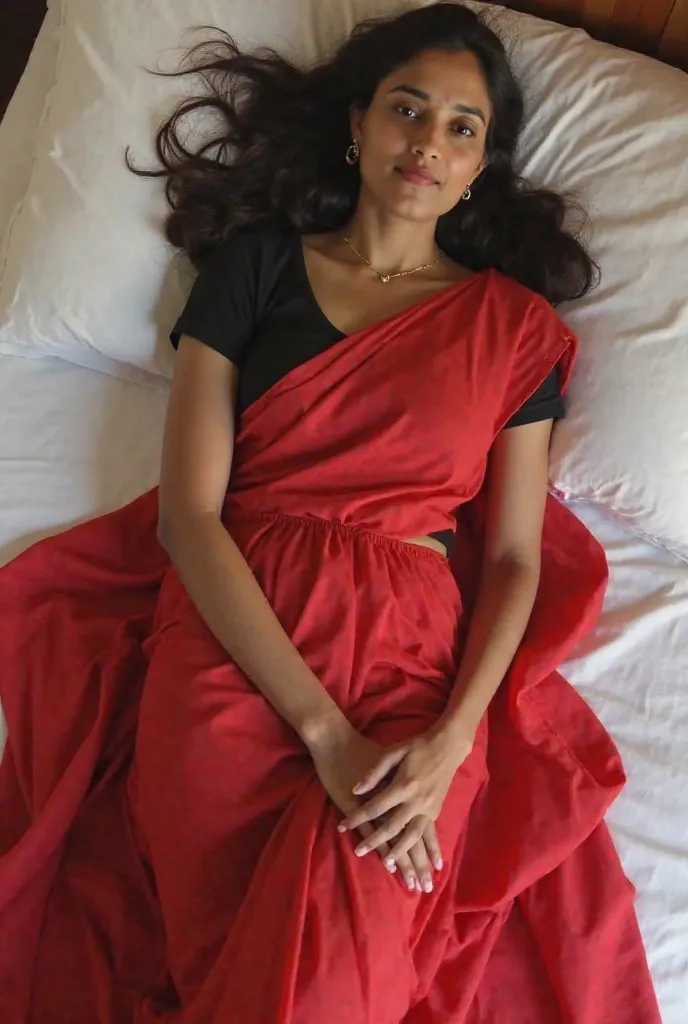 Imagine a beautiful indian married Hindu 35 year old Kerala women in plain red saree with black plain short sleeve blouse with simple look, laying on the white bed, she is show her navel, white skin, busty.