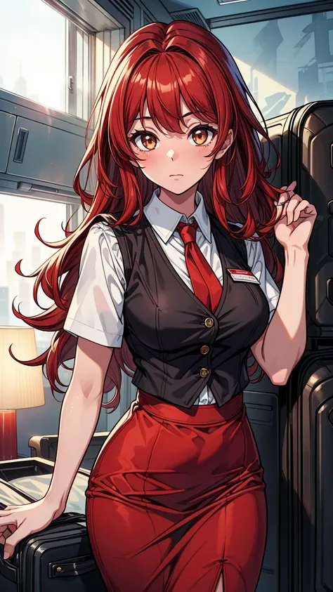 ((masterpiece, best quality:1.3, high detail)), ((1girl)), (((beautiful woman))), (stewardess), bright brown eyes, (long wavy hair), (dark red hair), hairpin, (white collar shirt vest, red tie), red pencil (skirt), medium skirt, slim body, (lower body), fa...