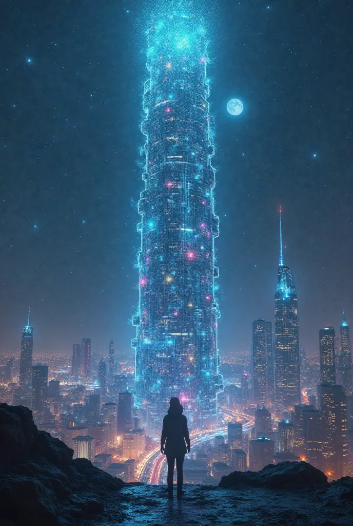 In a world of eternal night, the last radiant city emerges like a beacon, with its organic glass towers vibrating with bioluminescent energy. A solitary being in the tallest Tower observes an artificially flickering starry sky, trying to restore a vital sy...