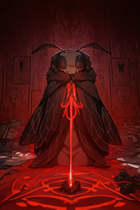 Grey mantisanthro  cute, ritual, chakras,praying mantis girl, big all black bug eyes, long antennae, moth girl, ritual, messy room, digital, red sigils on walls, bald, butterfly robes, bug wing robes, dim light, edgy