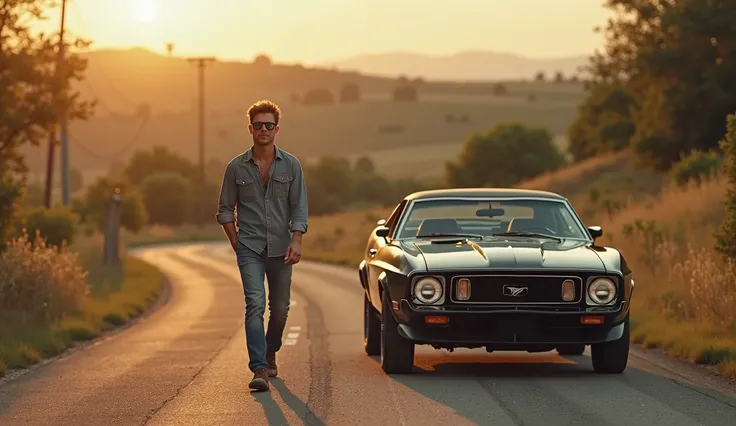 A 22 year men walking on a road in front of his black mustang 1976 car, wearing mirrored sunglasses, wearing a jeans shirt, an image inspired by Ismail Acar