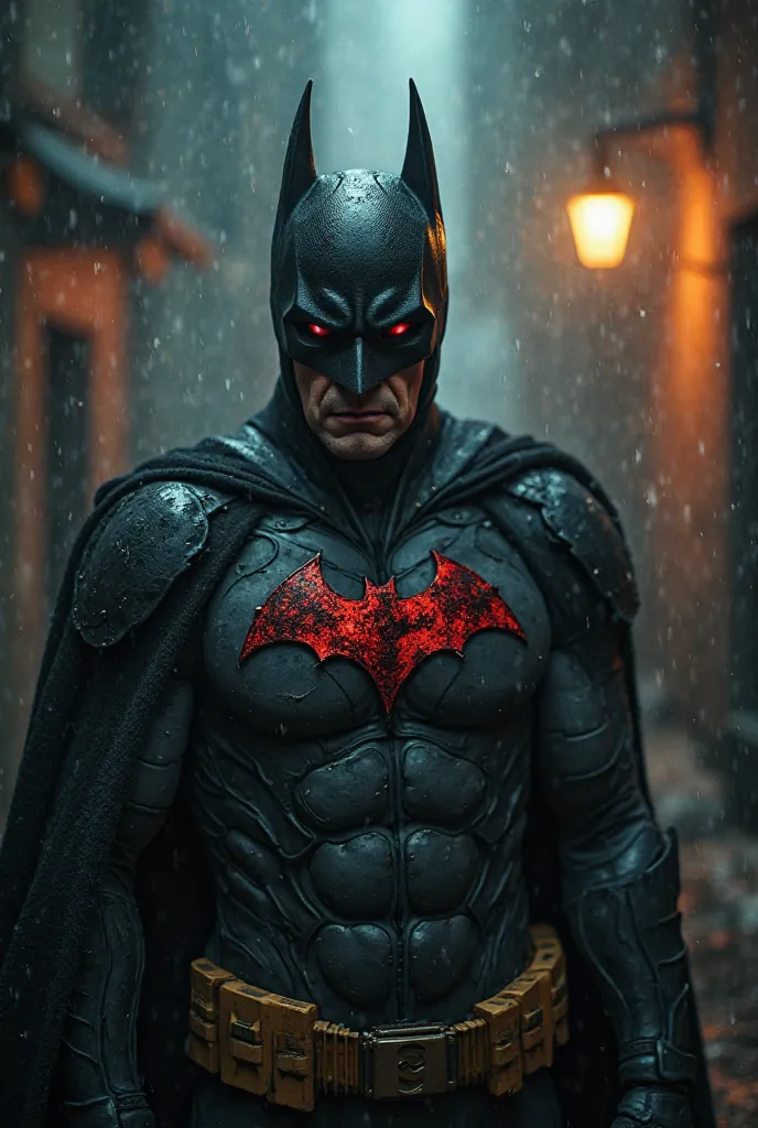 "Ultra-realistic cinematic scene: Evil Batman, terrifying and menacing, lifelike face with dark, sinister expression, hyper-detailed textures, 8K resolution, Fujifilm XT5, hyper-realistic style, cinematic soft light, dramatic perspective, natural tones, hi...