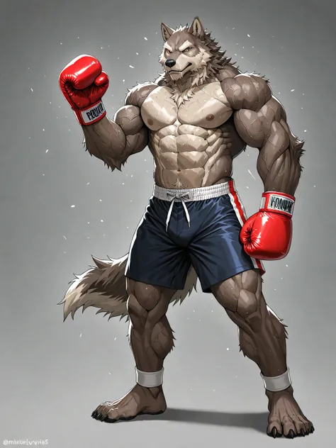 Wolf, muscular, standing, full body, toes, shorts, boxing gloves 