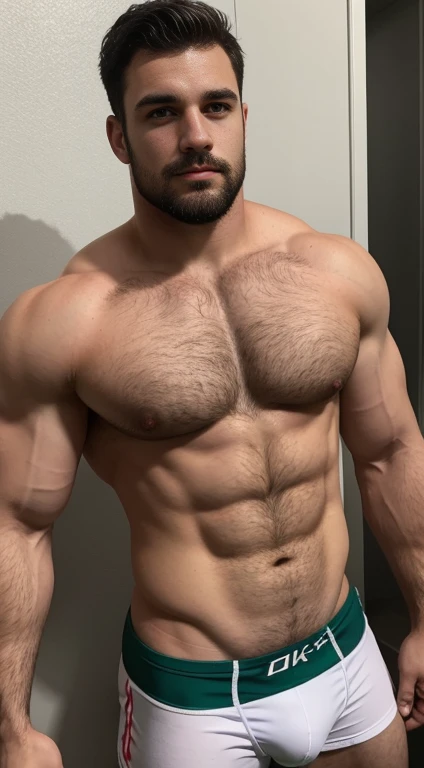 white  , Rugby player, extremely short black hair fixed green eyes, affiliated features, with little facial hair, Height 1.93, I weigh 70 kilos, aesthetic muscular constitution, wide shoulders, V-shaped body, Full body approach, Thick hair on the chest, un...