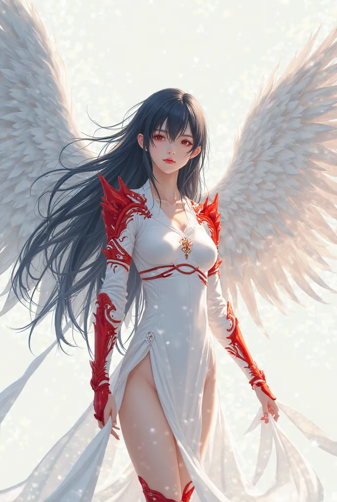 Prompts
Women's anime version with white wings with long black hair light skin wearing white t-shirt with white pants, red armor on the left arm and red armor on the legs