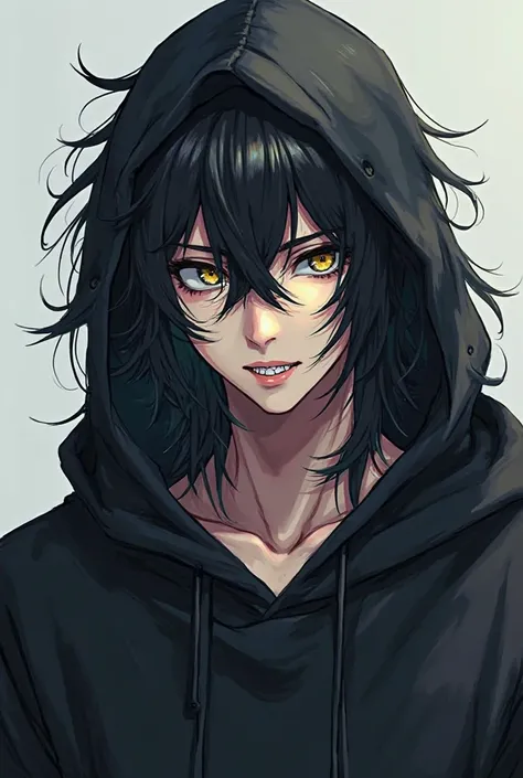 Ode Eye with long black hair, black hoodie, a handsome man with shark teeth, in an anime style 