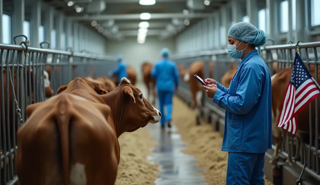 Create a detailed image depicting a modern, technologically advanced dairy farm setting. The scene is captured with a slightly high-angle, wide shot that shows a row of cows lying comfortably in individual stalls, creating a sense of depth. A worker in blu...