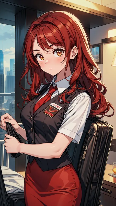 ((masterpiece, best quality:1.3, high detail)), ((1girl)), (((beautiful woman))), (stewardess), bright brown eyes, (long wavy hair), (dark red hair), hairpin, (white collar shirt vest, red tie), red pencil (skirt), medium skirt, slim body, (lower body), fa...