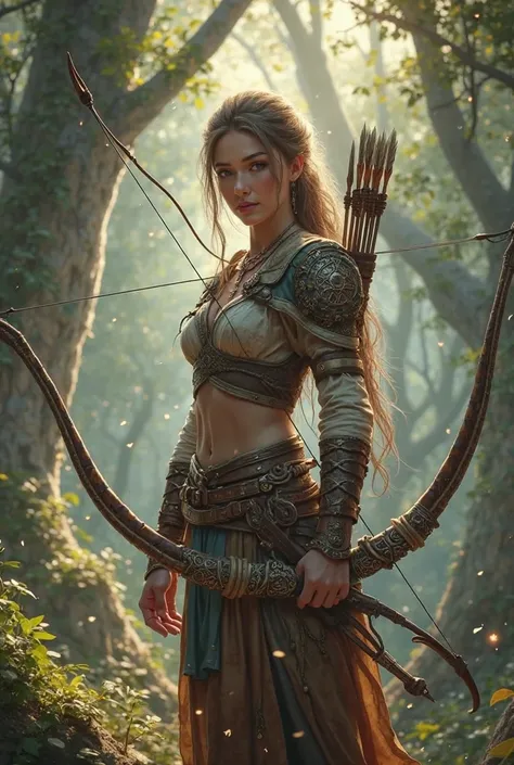 Create a feminine image of the archer master class from a mystical medieval mmorpg
